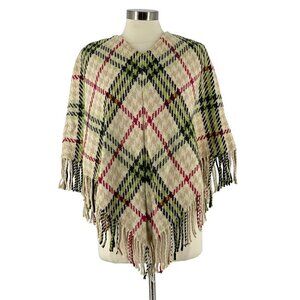 Burberry London V-Neck Fringed Poncho Cream Houndstooth Check Wool Cashmere OS